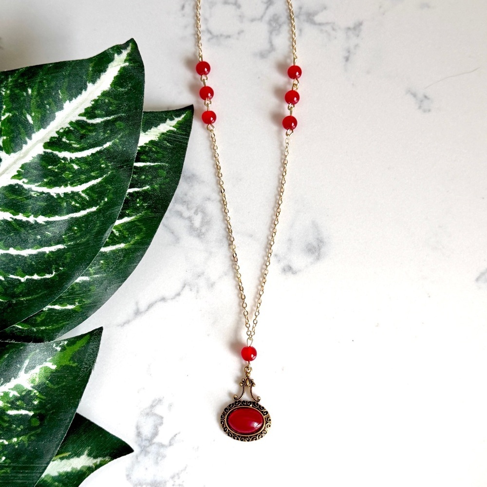2/$30🌵 Red Stone Lariat Y Necklace Red Bead Victorian Gothic Jewelry Gift NEW